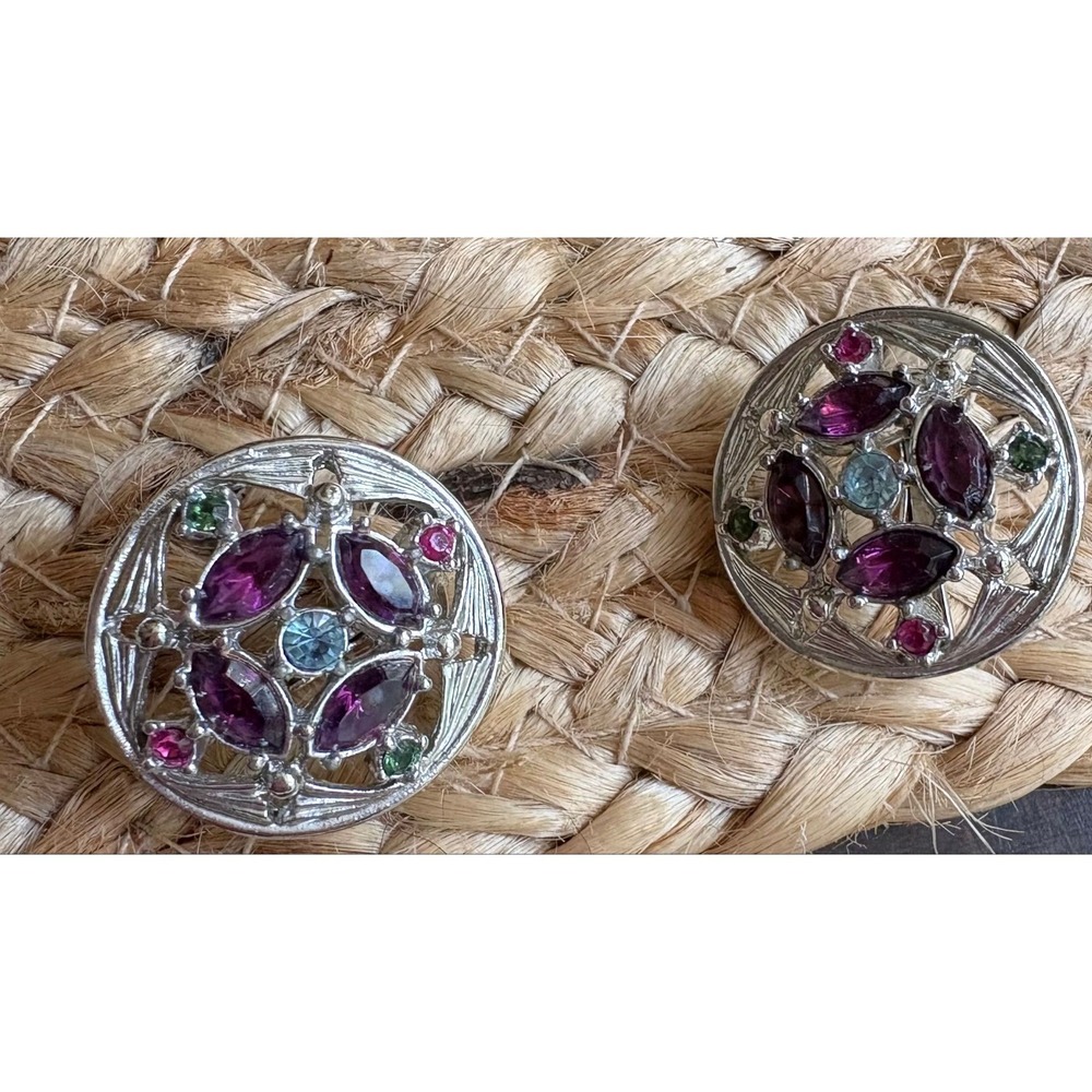 Vintage Sarah Coventry Silver Tone Purple Rhinestone Clip On Earrings
